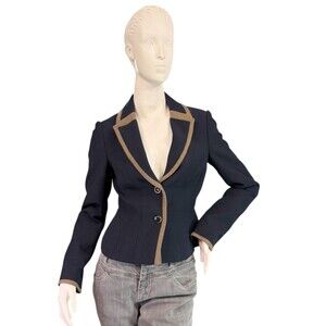 Tory Burch Navy Blue Military Style Fitted Blazer Tan Trim Wool Blend $450 Sz 2